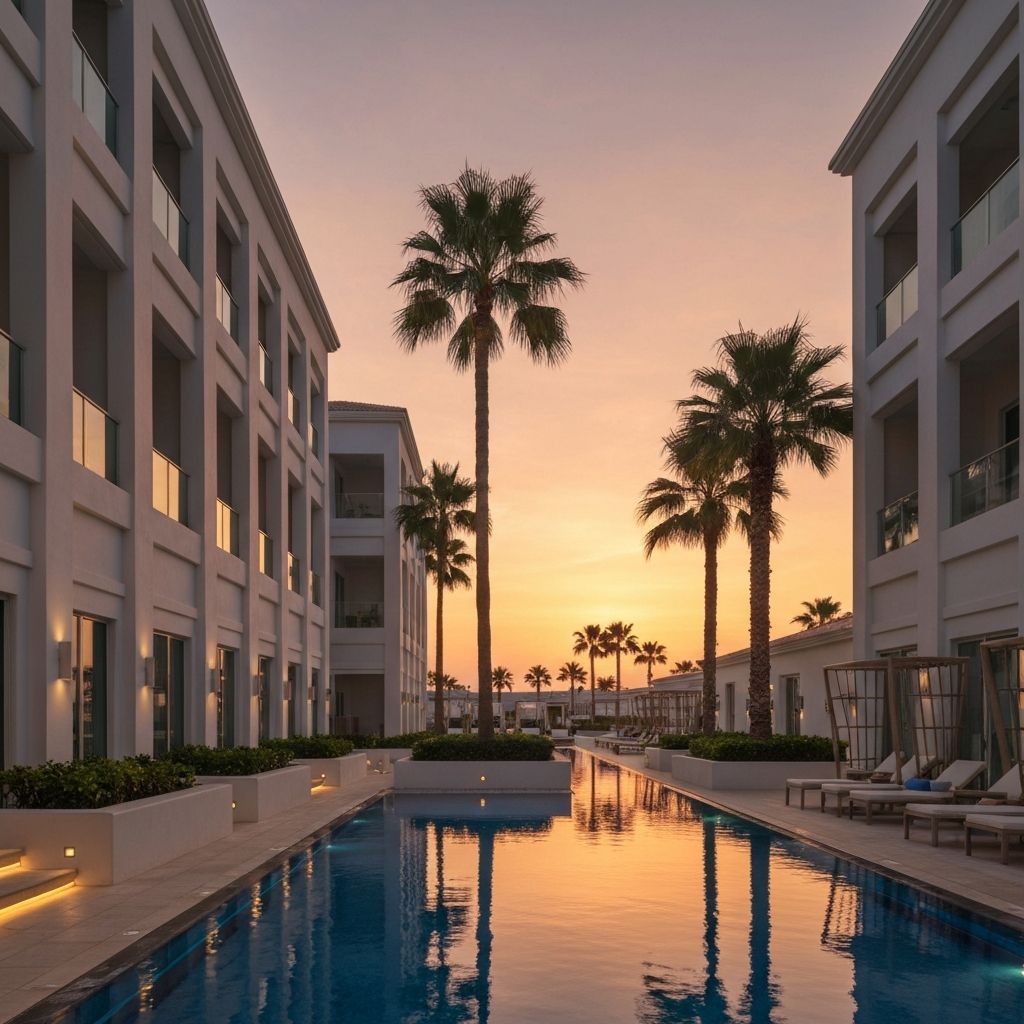 Luxury resort hotel with infinity pool at sunset